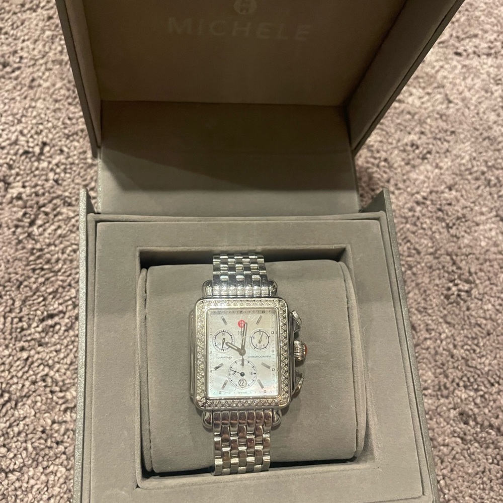 Michele stainless steel deco diamond watch